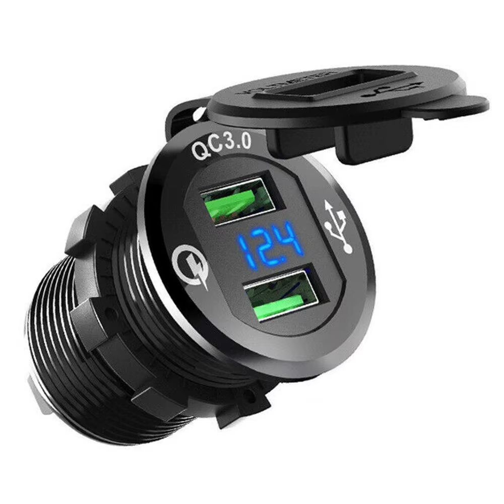 2×USB-A Motorcycle Charger with Voltmeter (Splash Proof)