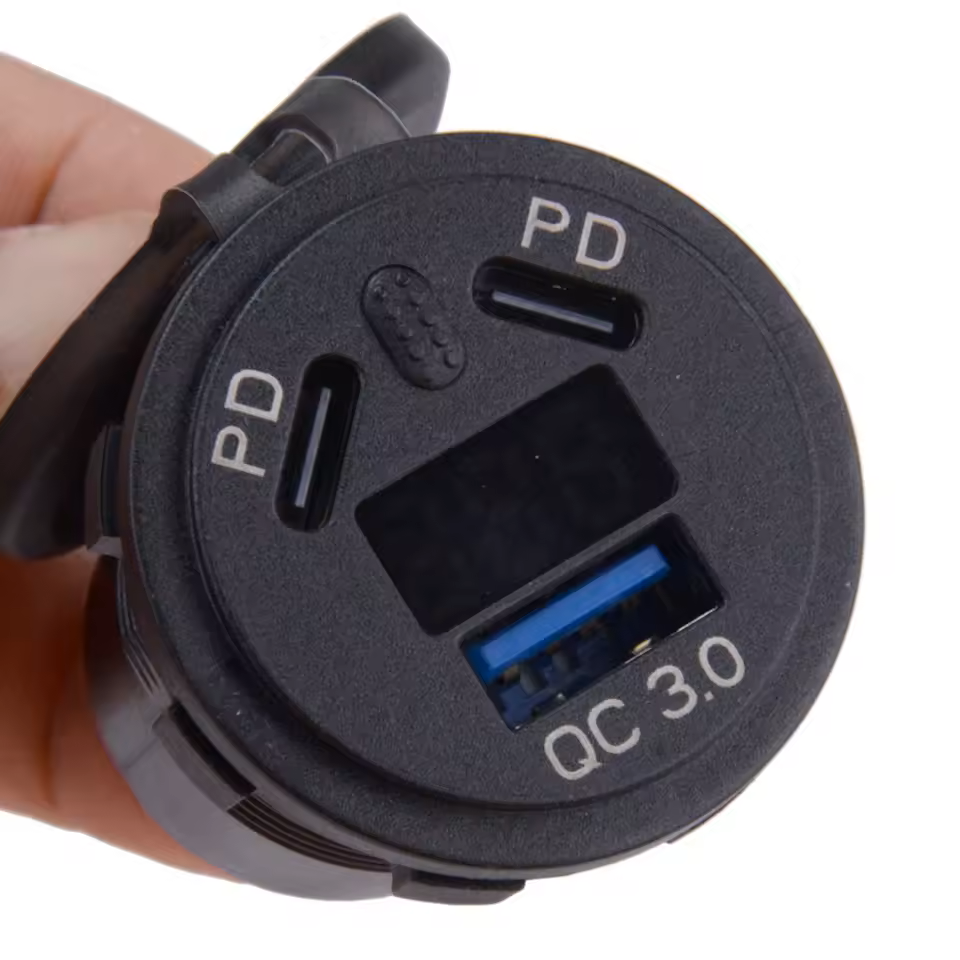 2×USB-C + 1×USB-A Motorcycle Charger with Voltmeter (Splash Proof)