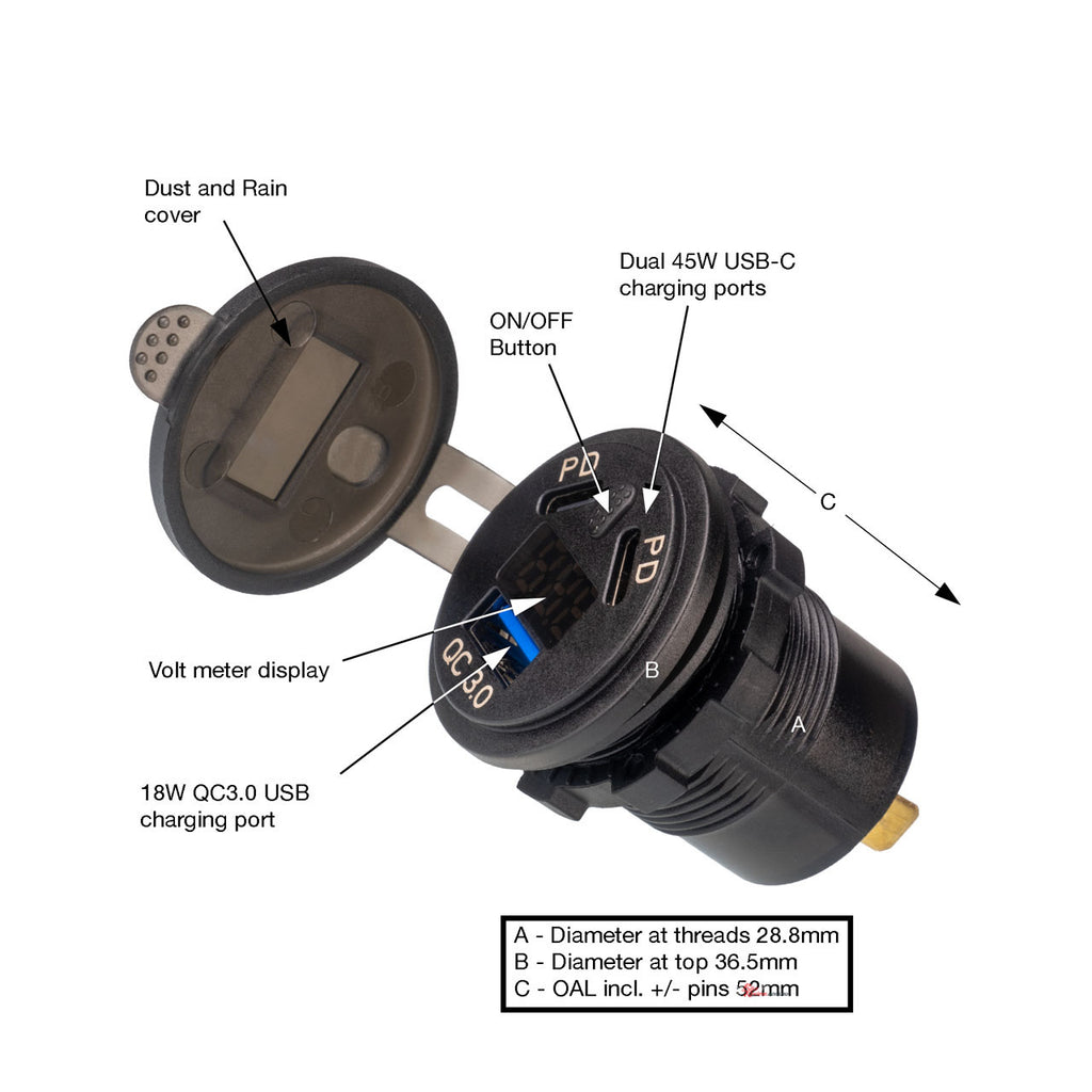 2×USB-C + 1×USB-A Motorcycle Charger with Voltmeter (Splash Proof)