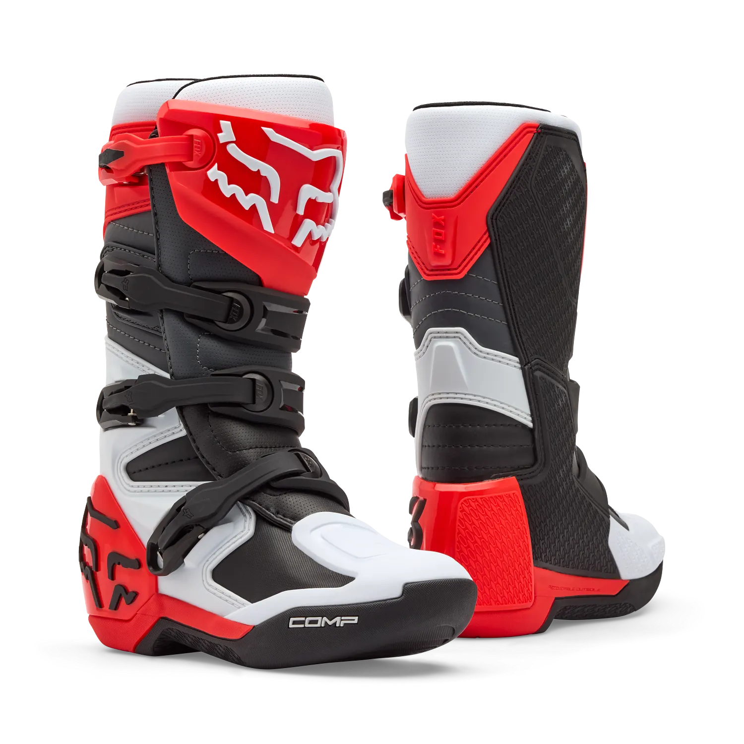 Fox Youth Comp Boots (White & Fluorescent Red)